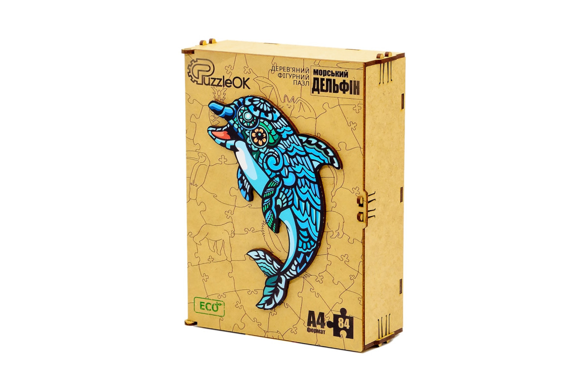 Фігурний дерев'яний пазл Морський Дельфін A4 в дерев'яній упаковці