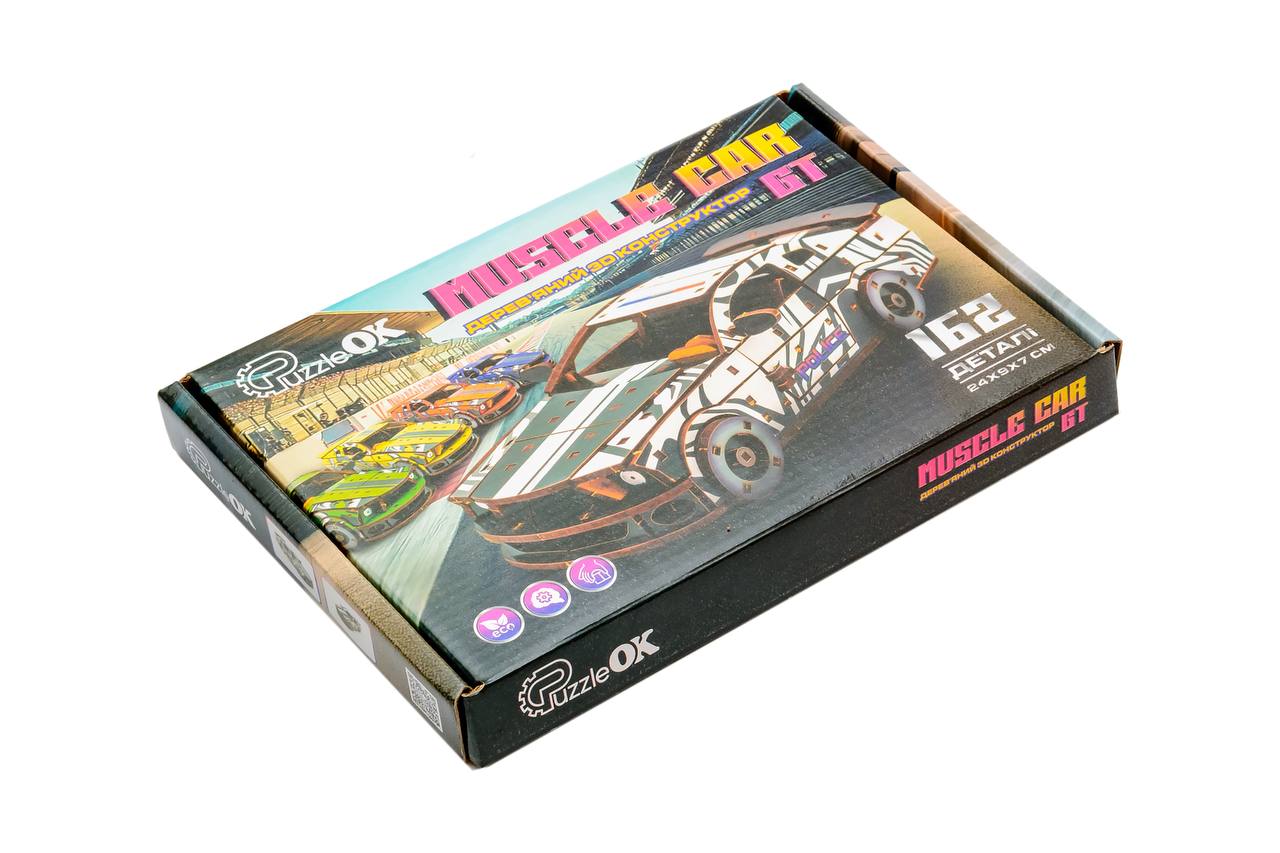 Дерев'яний 3D конструктор Muscle car GT (біла) в картонній упаковці