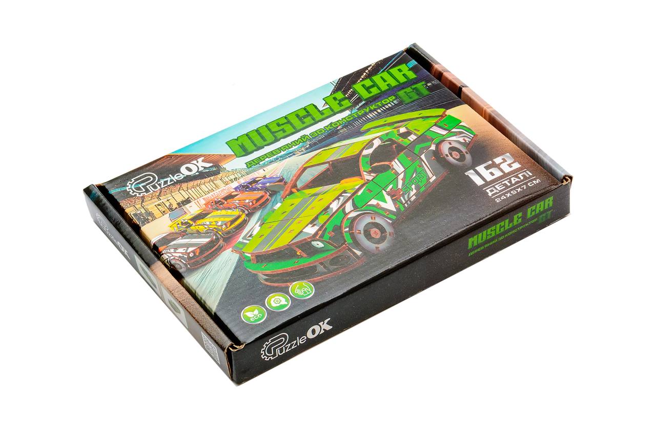 Дерев'яний 3D конструктор Muscle car GT (зелена) в картонній упаковці